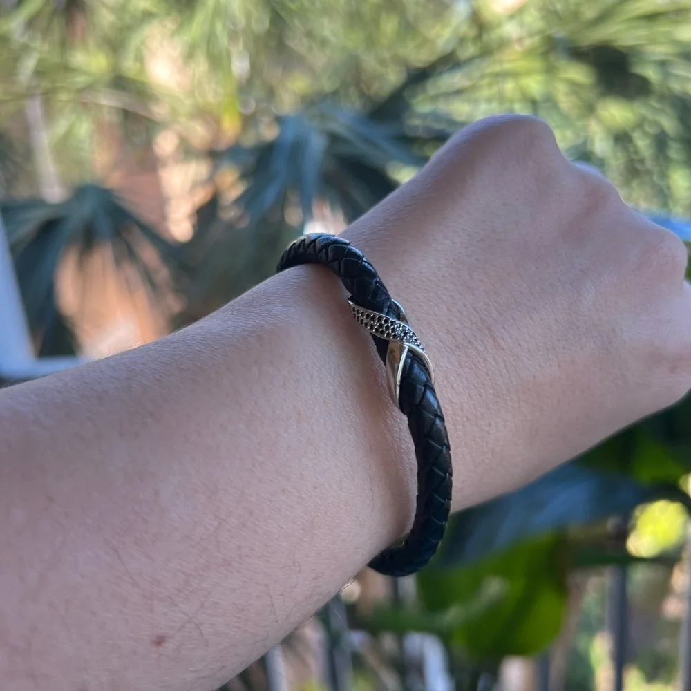 Black Braided Leather Bracelet with Black CZ Pavé Accent